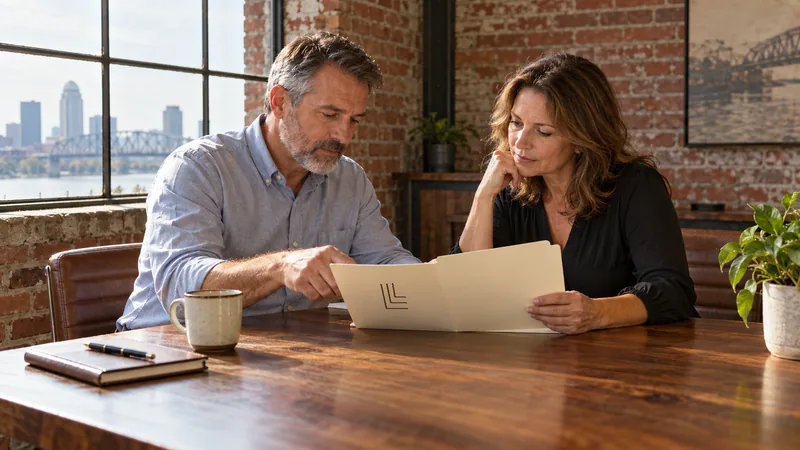 Two business owners reviewing a folder at a meeting table in a brick office.